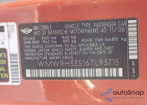 2006 Mini Cooper S z USA, uszkodzony, nr VIN WMWRH33516TL93715